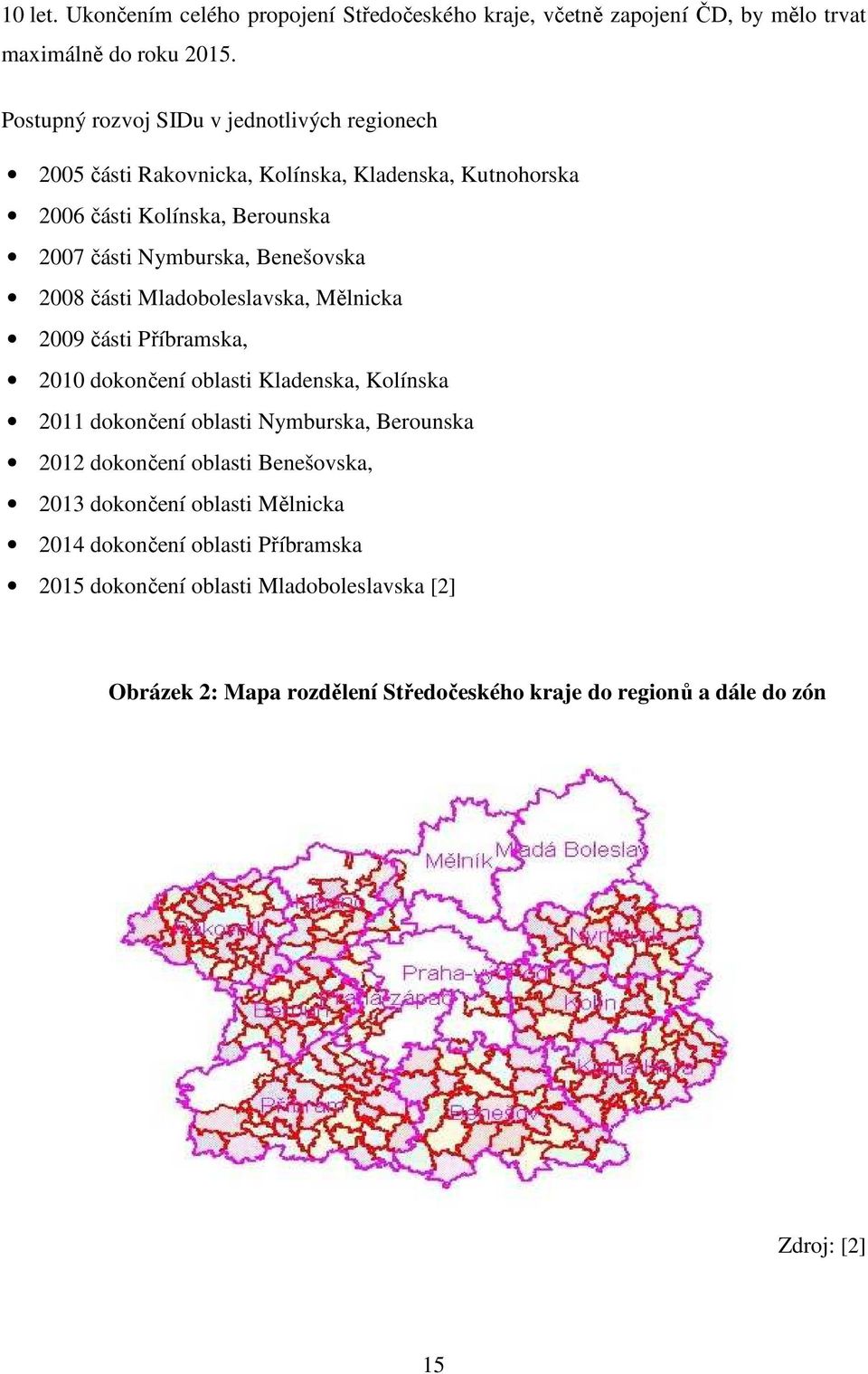 Benešovska 2008 části Mladoboleslavska, Mělnicka 2009 části Příbramska, 2010 dokončení oblasti Kladenska, Kolínska 2011 dokončení oblasti Nymburska, Berounska 2012