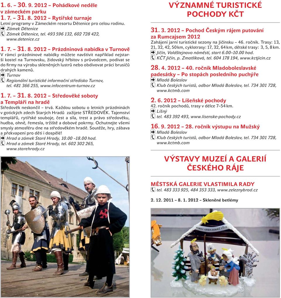 2012 Prázdninová nabídka v Turnově V rámci prázdninové nabídky můžete navštívit například nejstarší kostel na Turnovsku, židovský hřbitov s průvodcem, podívat se do firmy na výrobu skleněných lustrů
