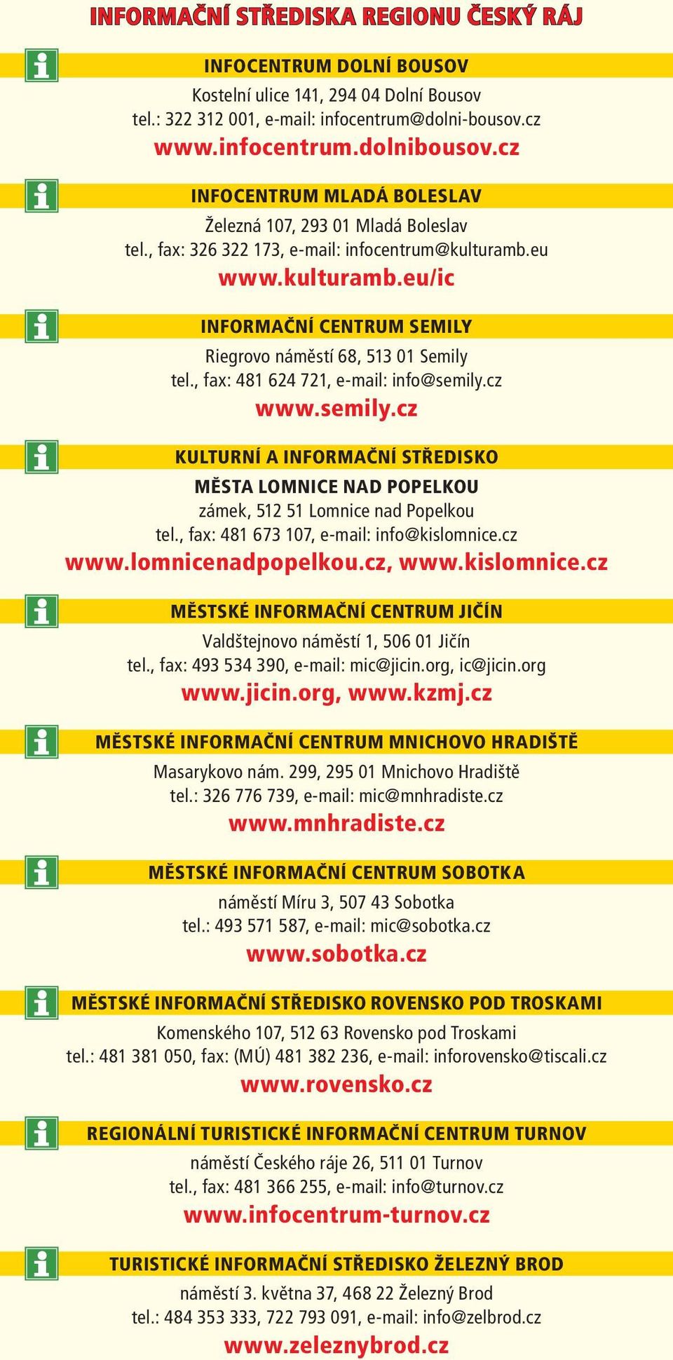 , fax: 481 624 721, e-mail: info@semily.cz www.semily.cz KULTURNÍ A INFORMAČNÍ STŘEDISKO MĚSTA LOMNICE NAD POPELKOU zámek, 512 51 Lomnice nad Popelkou tel., fax: 481 673 107, e-mail: info@kislomnice.