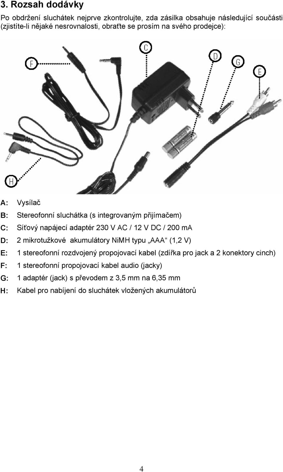 ma D: 2 mikrotužkové akumulátory NiMH typu AAA (1,2 V) E: 1 stereofonní rozdvojený propojovací kabel (zdířka pro jack a 2 konektory cinch) F: 1