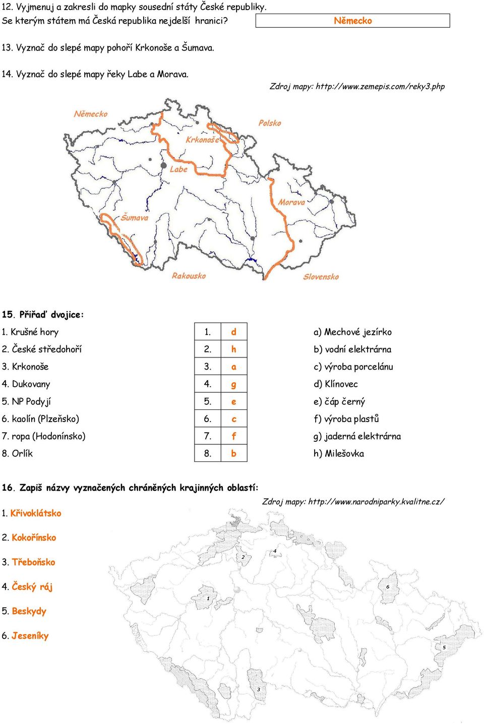 Krkonoše 3. a c) výroba porcelánu 4. Dukovany 4. g d) Klínovec 5. NP Podyjí 5. e e) čáp černý 6. kaolín (Plzeňsko) 6. c f) výroba plastů 7. ropa (Hodonínsko) 7. f g) jaderná elektrárna 8.