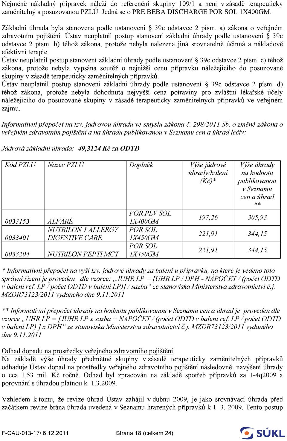 b) téhož zákona, protože nebyla nalezena jiná srovnatelně účinná a nákladově efektivní terapie. Ústav neuplatnil postup stanovení základní úhrady podle ustanovení 39c odstavce 2 písm.