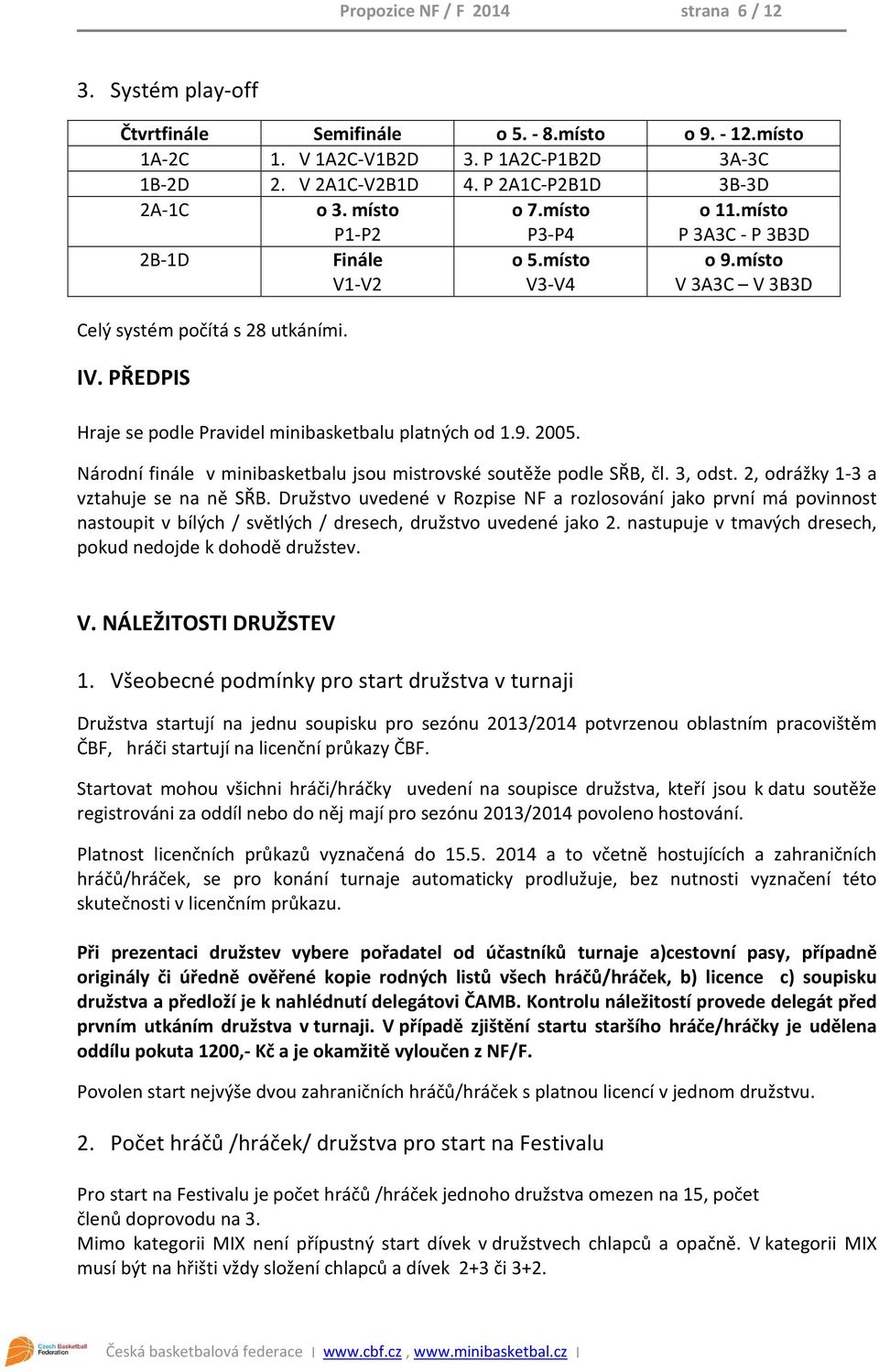 místo V3-V4 Hraje se podle Pravidel minibasketbalu platných od 1.9. 2005. P 3A3C - P 3B3D o 9.místo V 3A3C V 3B3D Národní finále v minibasketbalu jsou mistrovské soutěže podle SŘB, čl. 3, odst.