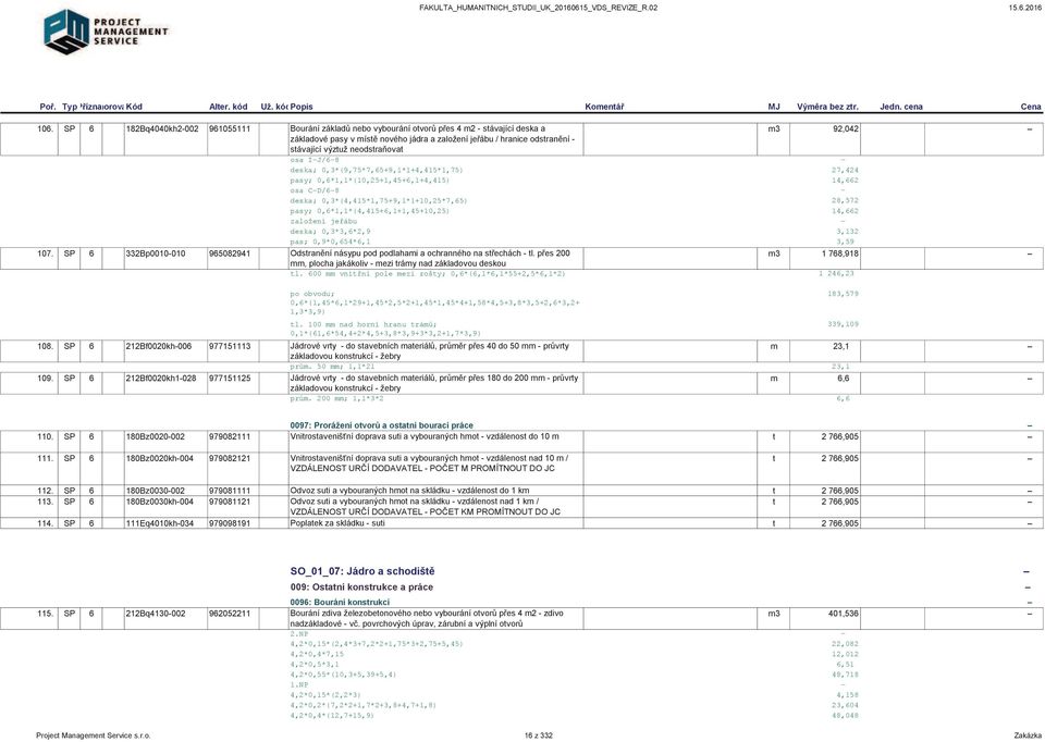 0,6*1,1*(4,415+6,1+1,45+10,25) 14,662 založení jeřábu deska; 0,3*3,6*2,9 3,132 pas; 0,9*0,654*6,1 3,59 107. SP 6 332Bp0010-010 965082941 Odstranění násypu pod podlahami a ochranného na střechách - tl.