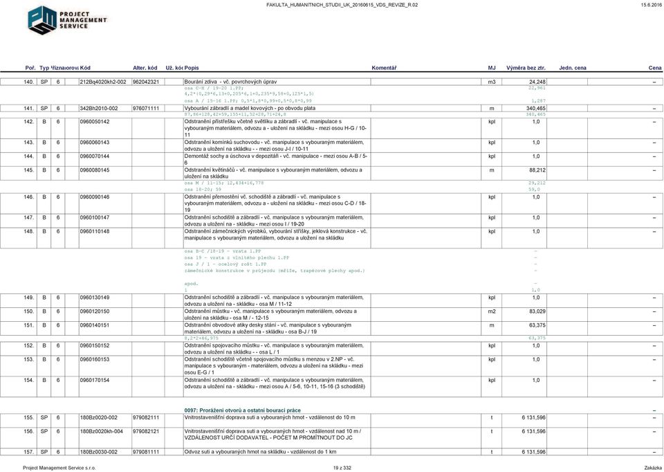 B 6 0960050142 Odstranění přístřešku včetně světlíku a zábradlí - vč. manipulace s kpl 1,0 vybouraným materiálem, odvozu a - uložení na skládku - mezi osou H-G / 10-11 143.