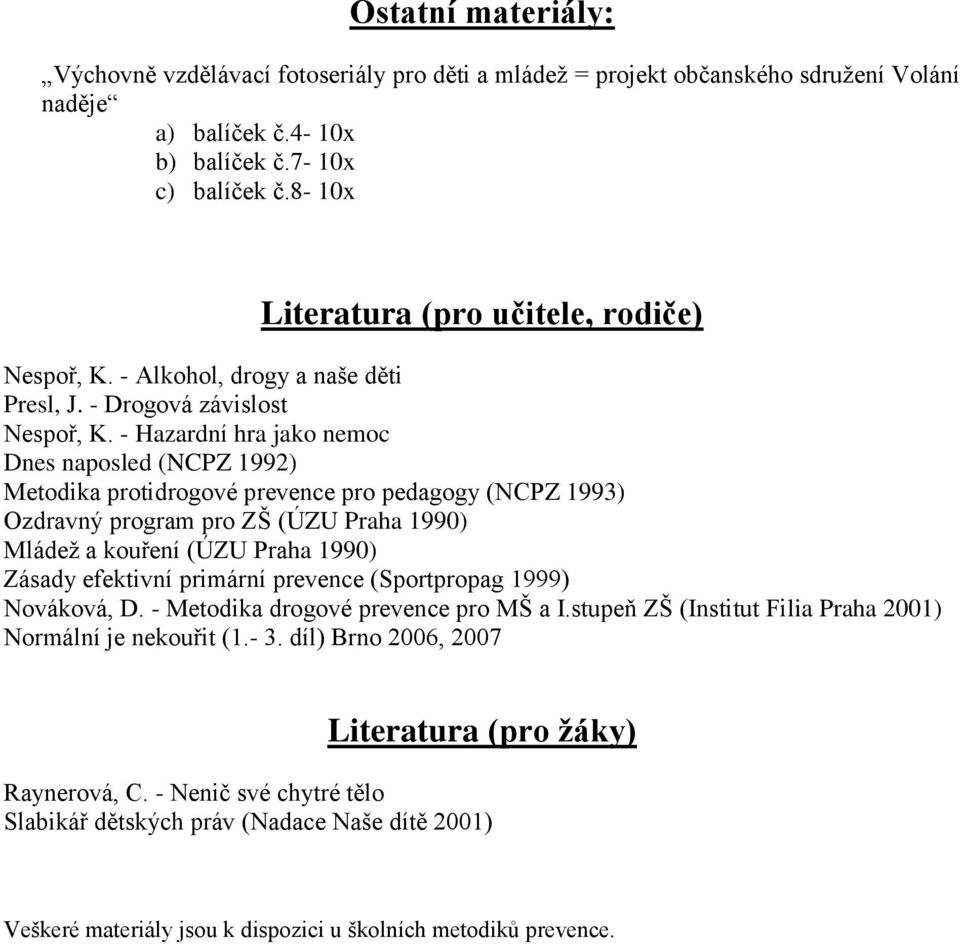 - Hazardní hra jako nemoc Dnes naposled (NCPZ 1992) Metodika protidrogové prevence pro pedagogy (NCPZ 1993) Ozdravný program pro ZŠ (ÚZU Praha 1990) Mládež a kouření (ÚZU Praha 1990) Zásady efektivní