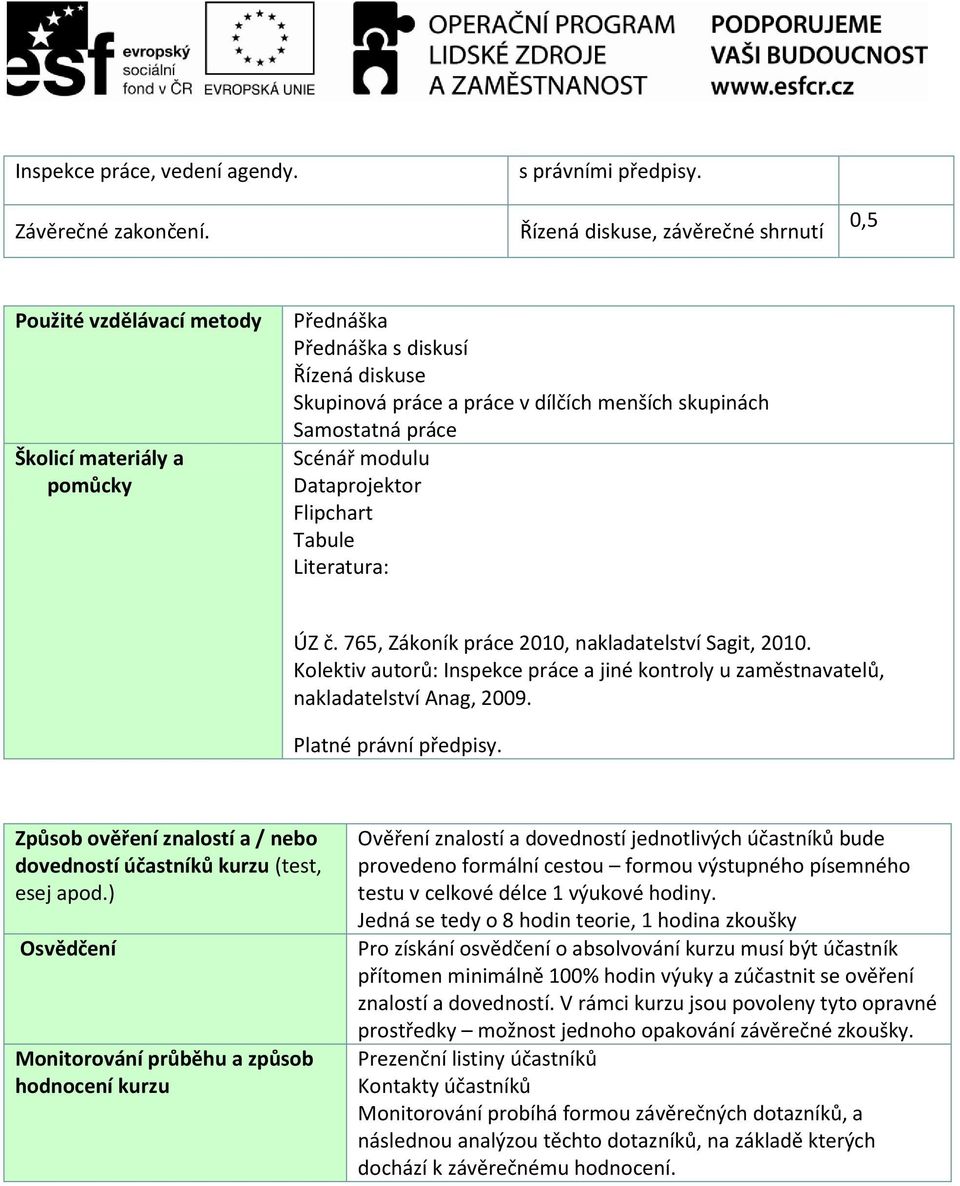 práce Scénář modulu Dataprojektor Flipchart Tabule Literatura: ÚZ č. 765, Zákoník práce 2010, nakladatelství Sagit, 2010.