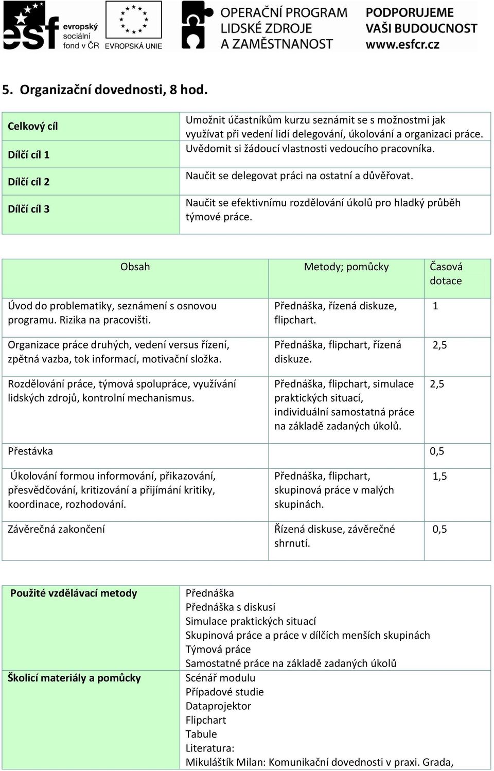 Uvědomit si žádoucí vlastnosti vedoucího pracovníka. Naučit se delegovat práci na ostatní a důvěřovat. Naučit se efektivnímu rozdělování úkolů pro hladký průběh týmové práce.