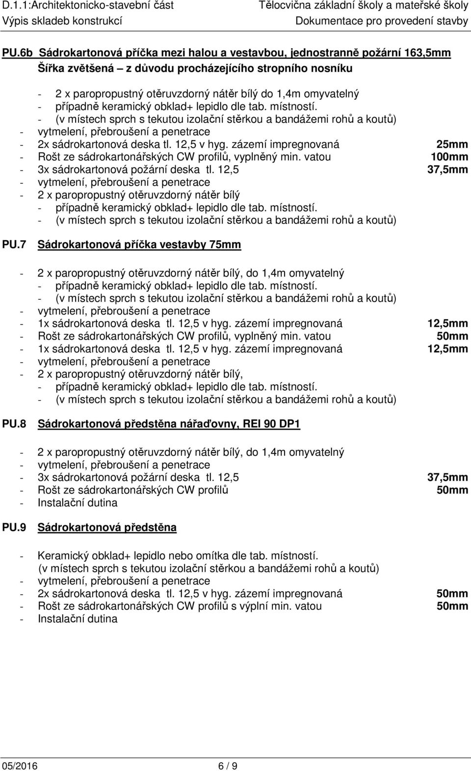 12,5 37,5mm - 2 x paropropustný otěruvzdorný nátěr bílý PU.7 Sádrokartonová příčka vestavby 75mm - 1x sádrokartonová deska tl. 12,5 v hyg.