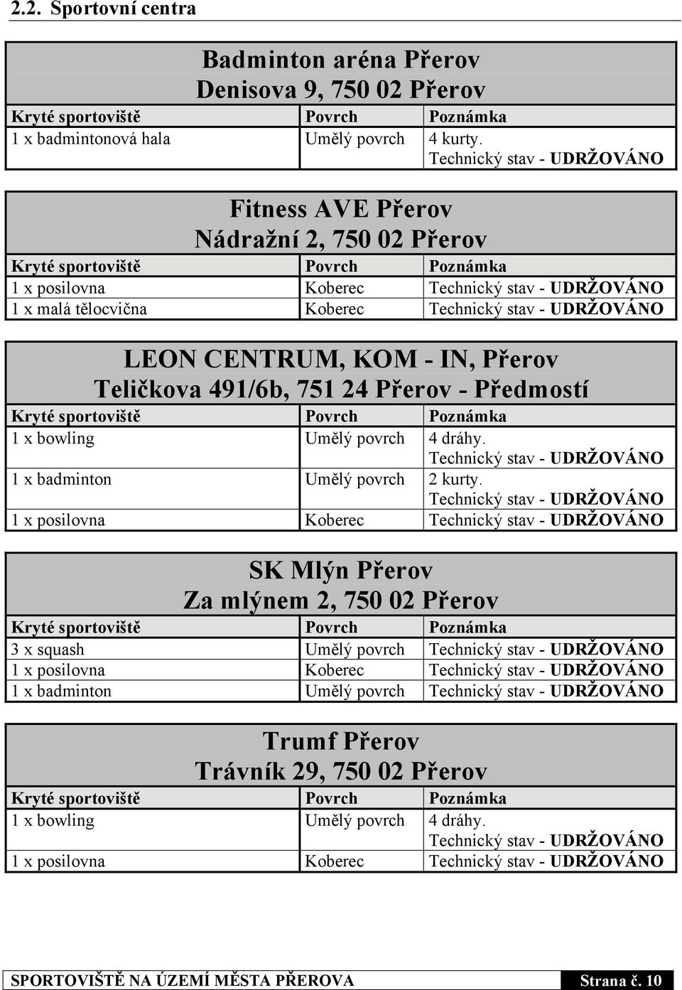 - Předmostí 1 x bowling Umělý povrch 4 dráhy. 1 x badminton Umělý povrch 2 kurty.