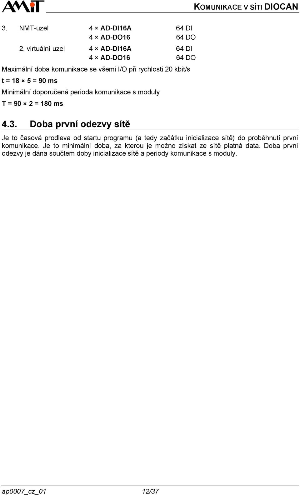 doporučená perioda komunikace s moduly T = 90 2 = 180 ms 4.3.