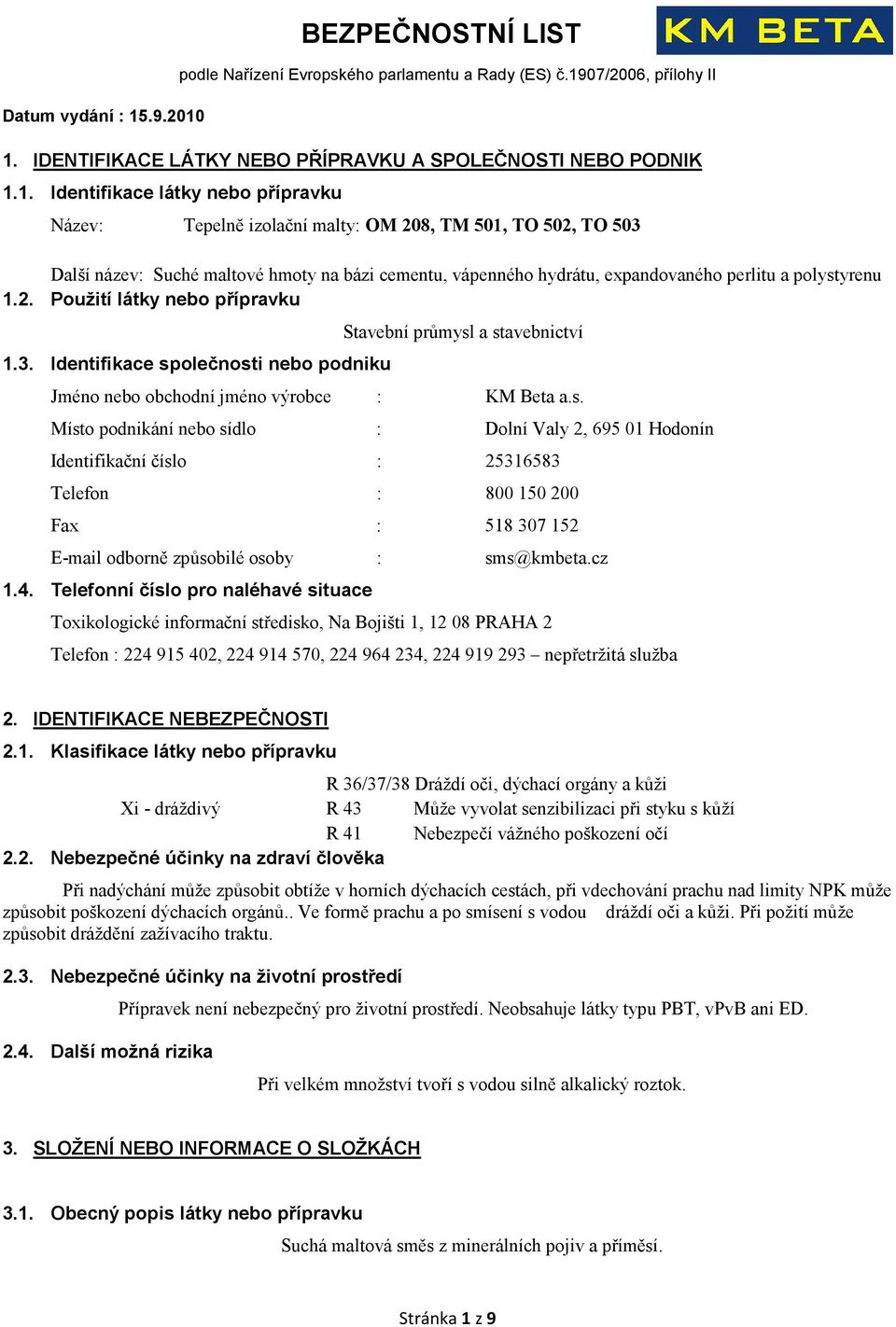 BEZPEČNOSTNÍ LIST 1.