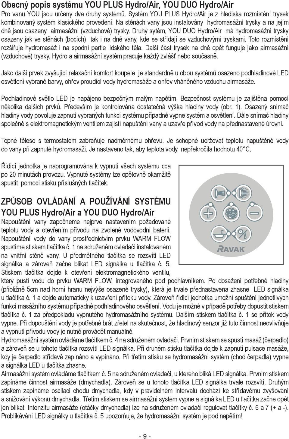 Na stěnách vany jsou instalovány hydromasážní trysky a na jejím dně jsou osazeny airmasážní (vzduchové) trysky.