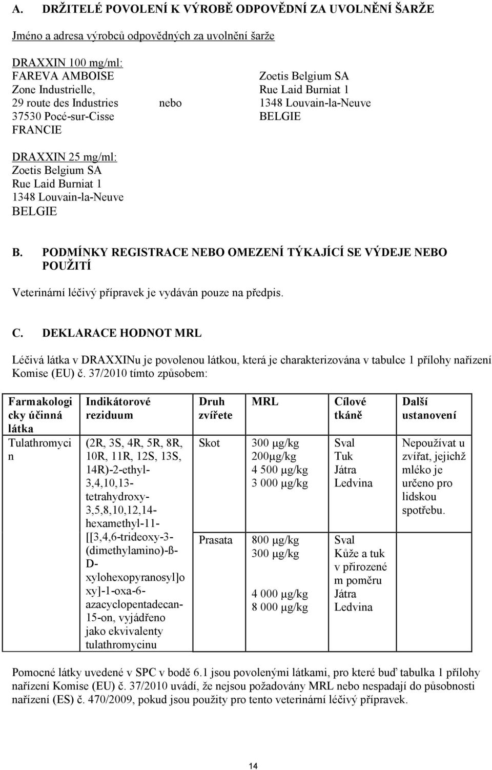 PODMÍNKY REGISTRACE NEBO OMEZENÍ TÝKAJÍCÍ SE VÝDEJE NEBO POUŽITÍ Veterinární léčivý přípravek je vydáván pouze na předpis. C.