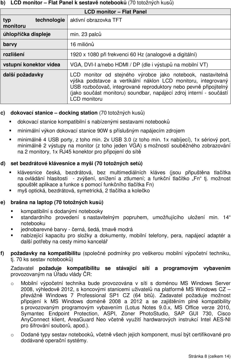 23 palců 16 miliónů 1920 1080 při frekvenci 60 Hz (analogové a digitální) VGA, DVI-I a/nebo HDMI / DP (dle i výstupů na mobilní VT) LCD monitor od stejného výrobce jako notebook, nastavitelná výška