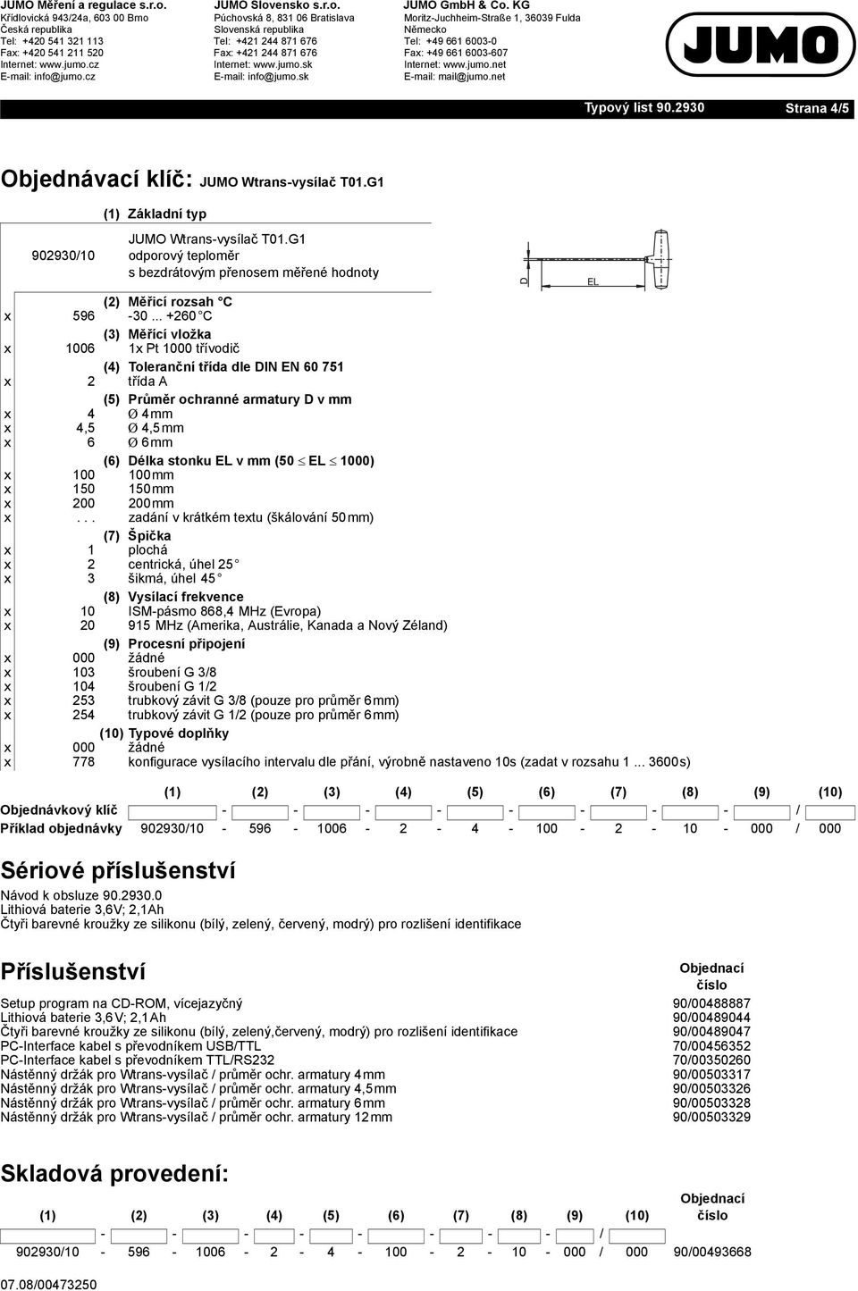 .. +260 C (3) Měřící vložka x 1006 1x Pt 1000 třívodič (4) Toleranční třída dle DIN EN 60 751 x 2 třída A (5) Průměr ochranné armatury D v mm x 4 Ø 4mm x 4,5 Ø 4,5mm x 6 Ø 6mm (6) Délka stonku EL v