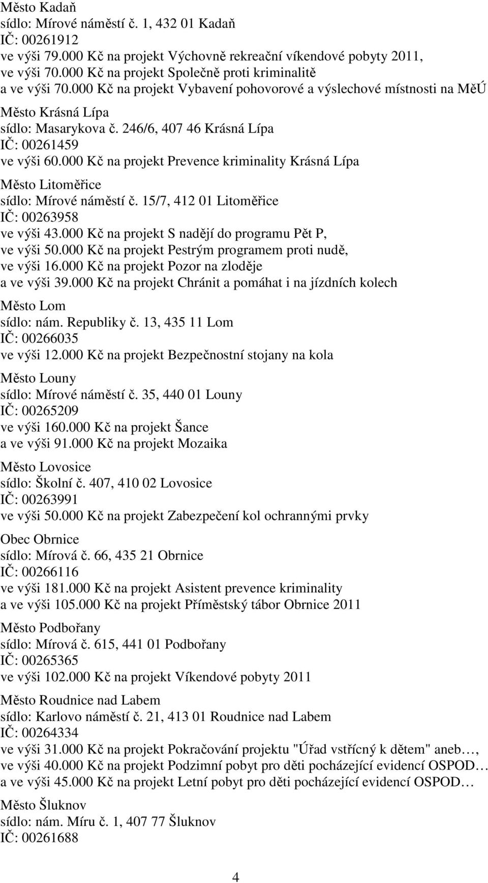 246/6, 407 46 Krásná Lípa IČ: 00261459 ve výši 60.000 Kč na projekt Prevence kriminality Krásná Lípa Město Litoměřice sídlo: Mírové náměstí č. 15/7, 412 01 Litoměřice IČ: 00263958 ve výši 43.