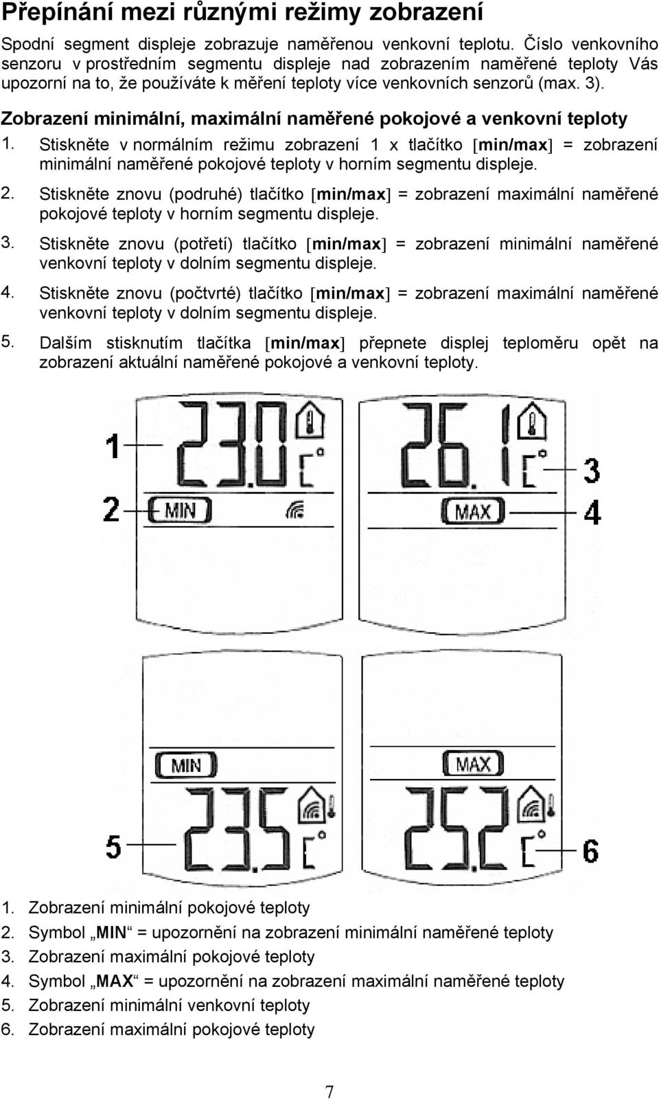 Zobrazení minimální, maximální naměřené pokojové a venkovní teploty 1.