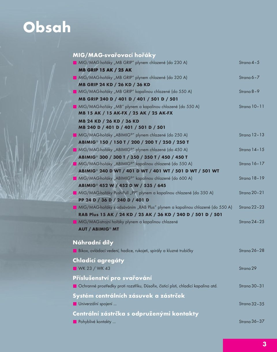 KD MB 240 D / 401 D / 401 / 501 D / 501 MIG/MAG-hořáky ABIMIG plynem chlazené (do 250 A) ABIMIG 150 / 150 T / 200 / 200 T / 250 / 250 T MIG/MAG-hořáky ABIMIG plynem chlazené (do 450 A) ABIMIG 300 /
