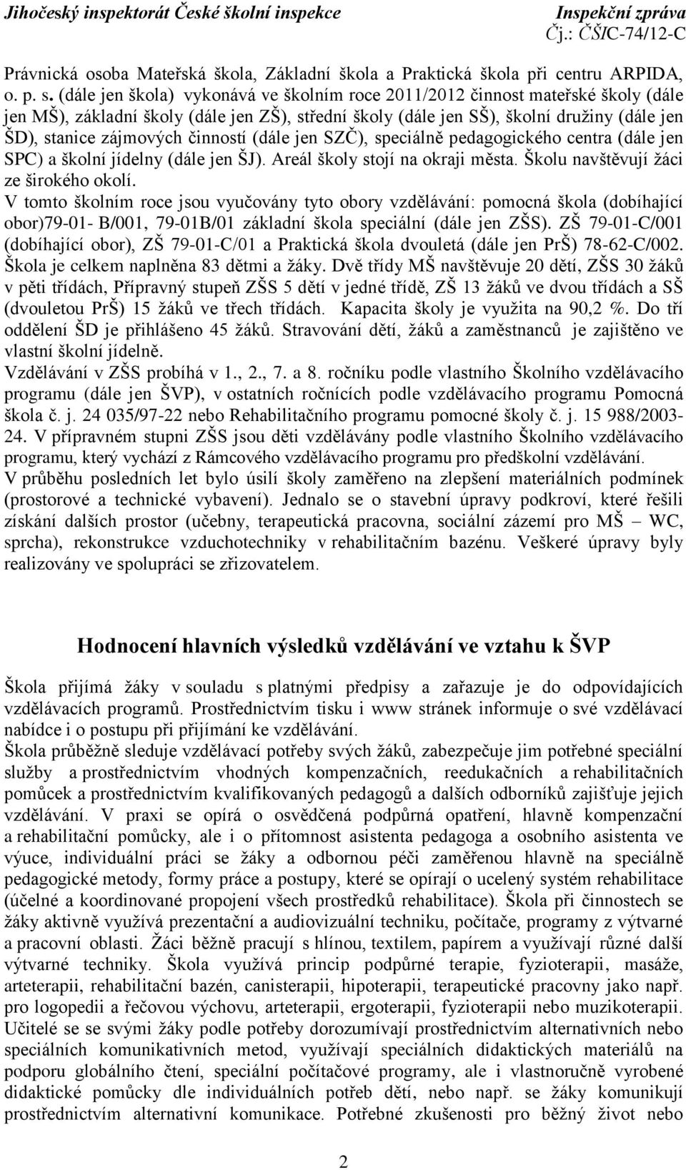 činností (dále jen SZČ), speciálně pedagogického centra (dále jen SPC) a školní jídelny (dále jen ŠJ). Areál školy stojí na okraji města. Školu navštěvují žáci ze širokého okolí.