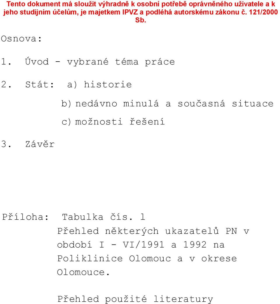 Stát: a) historie 3. Závěr b)nedávno minulá a současná situace c)možnosti řešení Příloha: Tabulka čís.