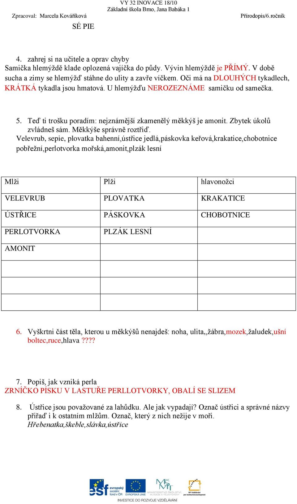 Měkkýše správně roztřiď.