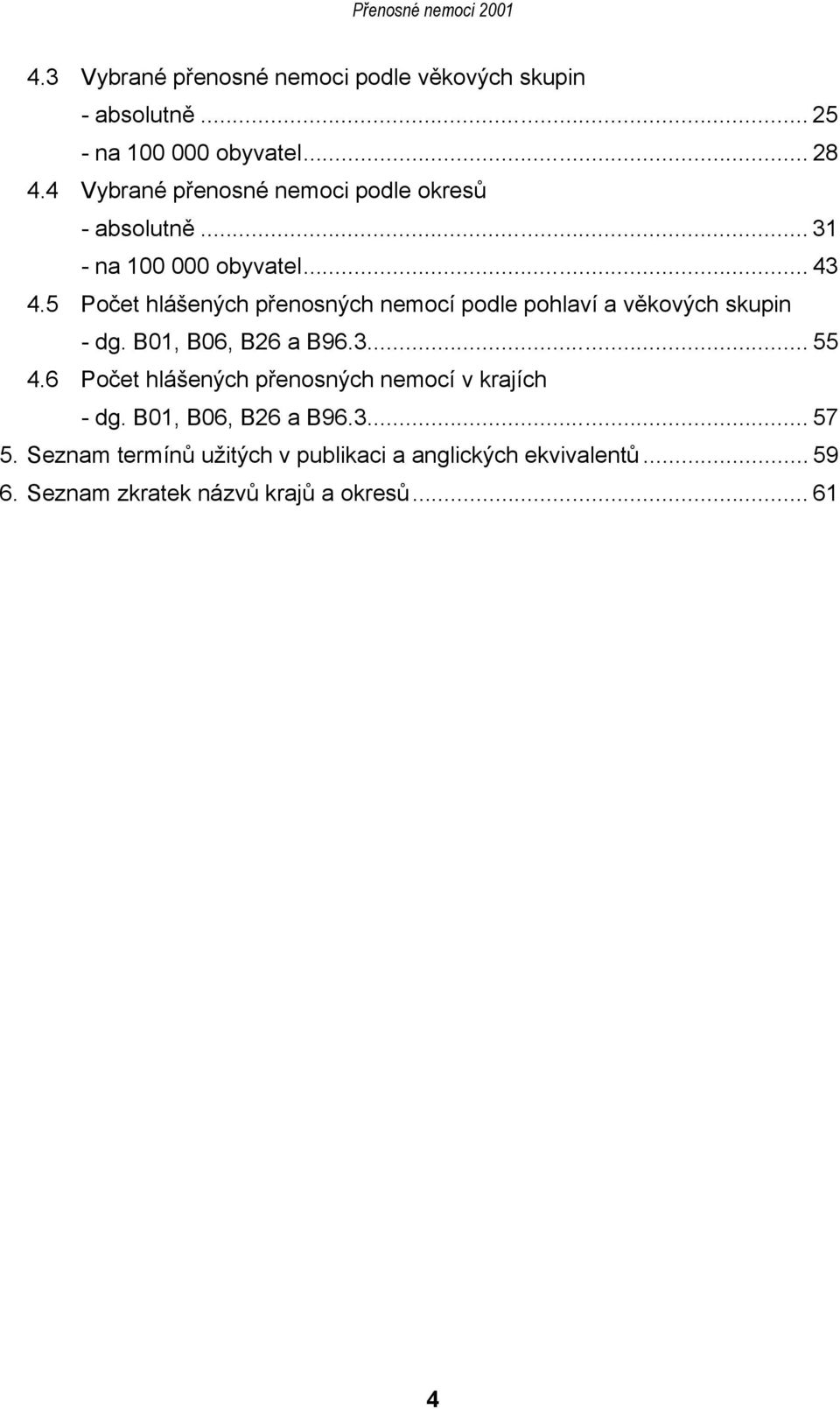 5 Počet hlášených přenosných nemocí podle pohlaví a věkových skupin - dg. B01, B06, B26 a B96.3... 55 4.