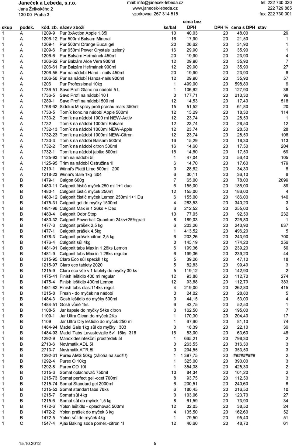 35,90 7 1 A 1206-61 Pur Balzám Heřmánek 900ml 12 29,90 20 35,90 27 1 A 1206-55 Pur na nádobí Hand - nails 450ml 20 19,90 20 23,90 8 1 A 1206-56 Pur na nádobí Hands-nails 900ml 12 29,90 20 35,90 57 1