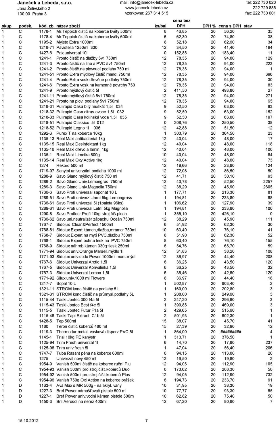152,85 20 183,40 11 1 C 1241-1 Pronto čistič na dlažby 5v1 750ml 12 78,35 20 94,00 129 1 C 1241-3 Pronto čistič na lino a PVC 5v1 750ml 12 78,35 20 94,00 223 1 C 1241-2 Pronto čistič na plovoucí