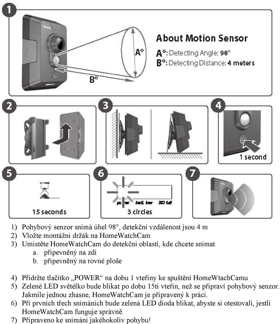 připevněný na rovné ploše 4) Přidržte tlačítko POWER na dobu 1 vteřiny ke spuštění HomeWtachCamu 5) Zelené LED světélko bude blikat po dobu 15ti