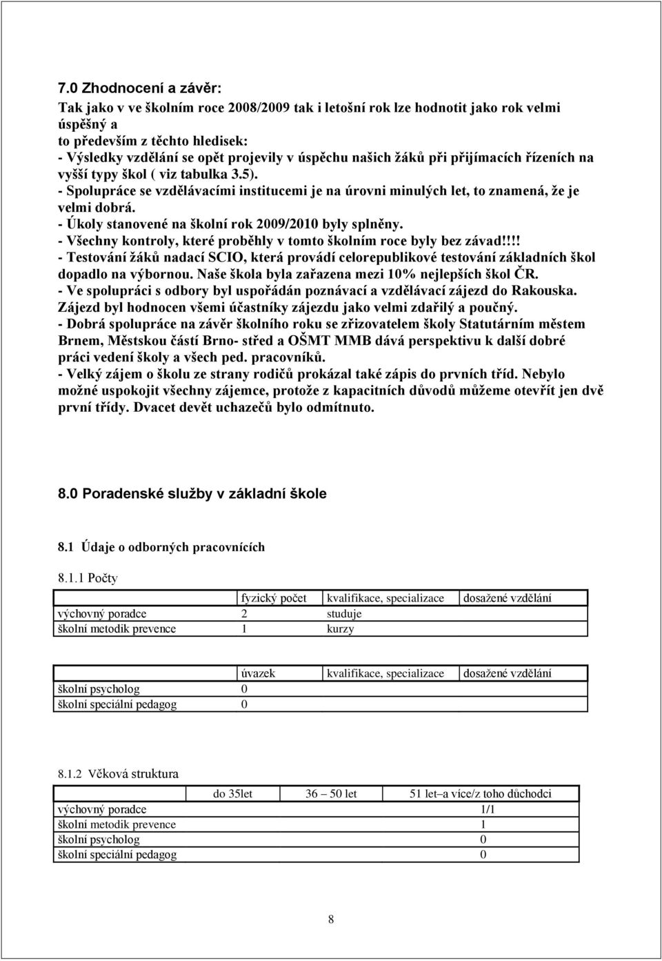 - Úkoly stanovené na školní rok 2009/2010 byly splněny. - Všechny kontroly, které proběhly v tomto školním roce byly bez závad!