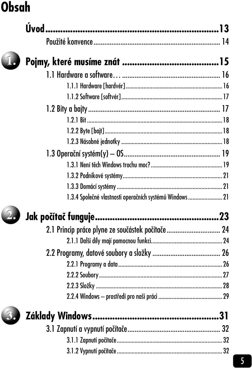 ..21 Jak počítač funguje...23 2.1 Princip práce plyne ze součástek počítače... 24 2.1.1 Další díly mají pomocnou funkci...24 2.2 Programy, datové soubory a složky... 26 2.2.1 Programy a data...26 2.2.2 Soubory.