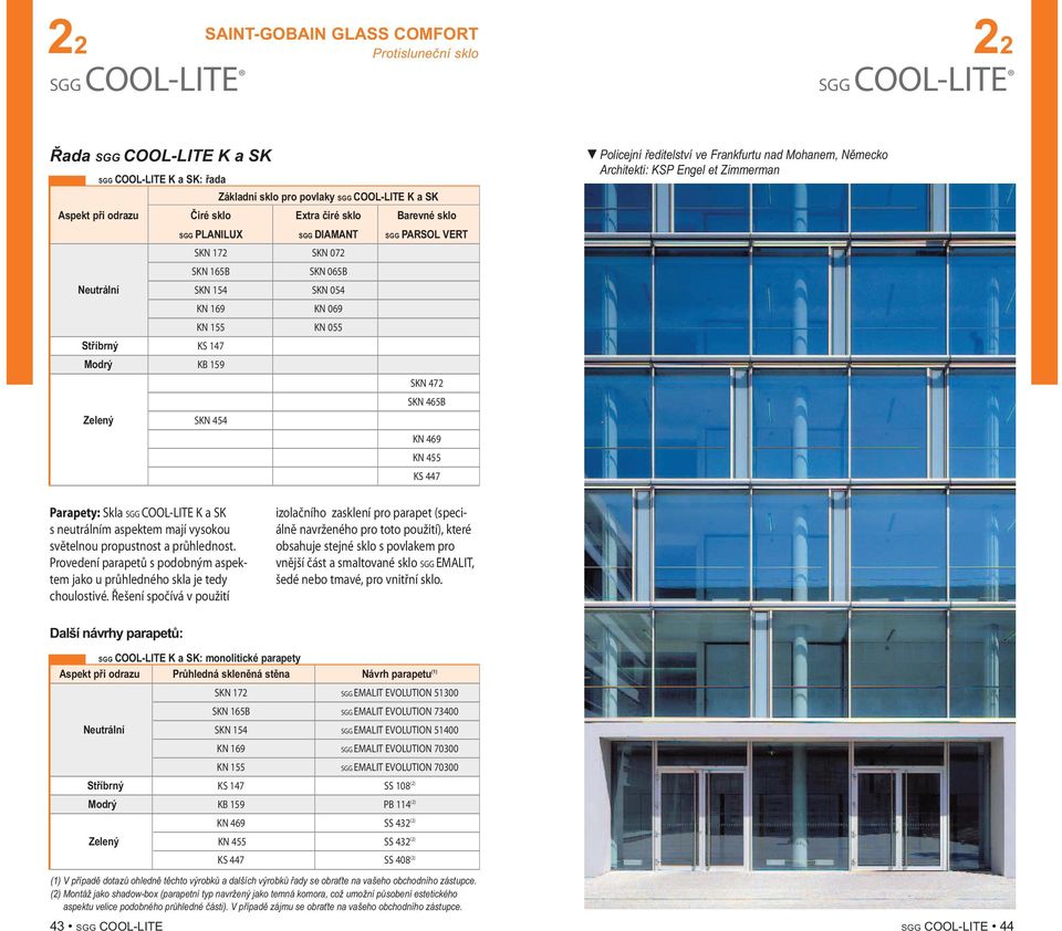 469 KN 455 KS 447 Policejní ředitelství ve Frankfurtu nad Mohanem, Německo Architekti: KSP Engel et Zimmerman Parapety: Skla SGG COOL-LITE K a SK s neutrálním aspektem mají vysokou světelnou