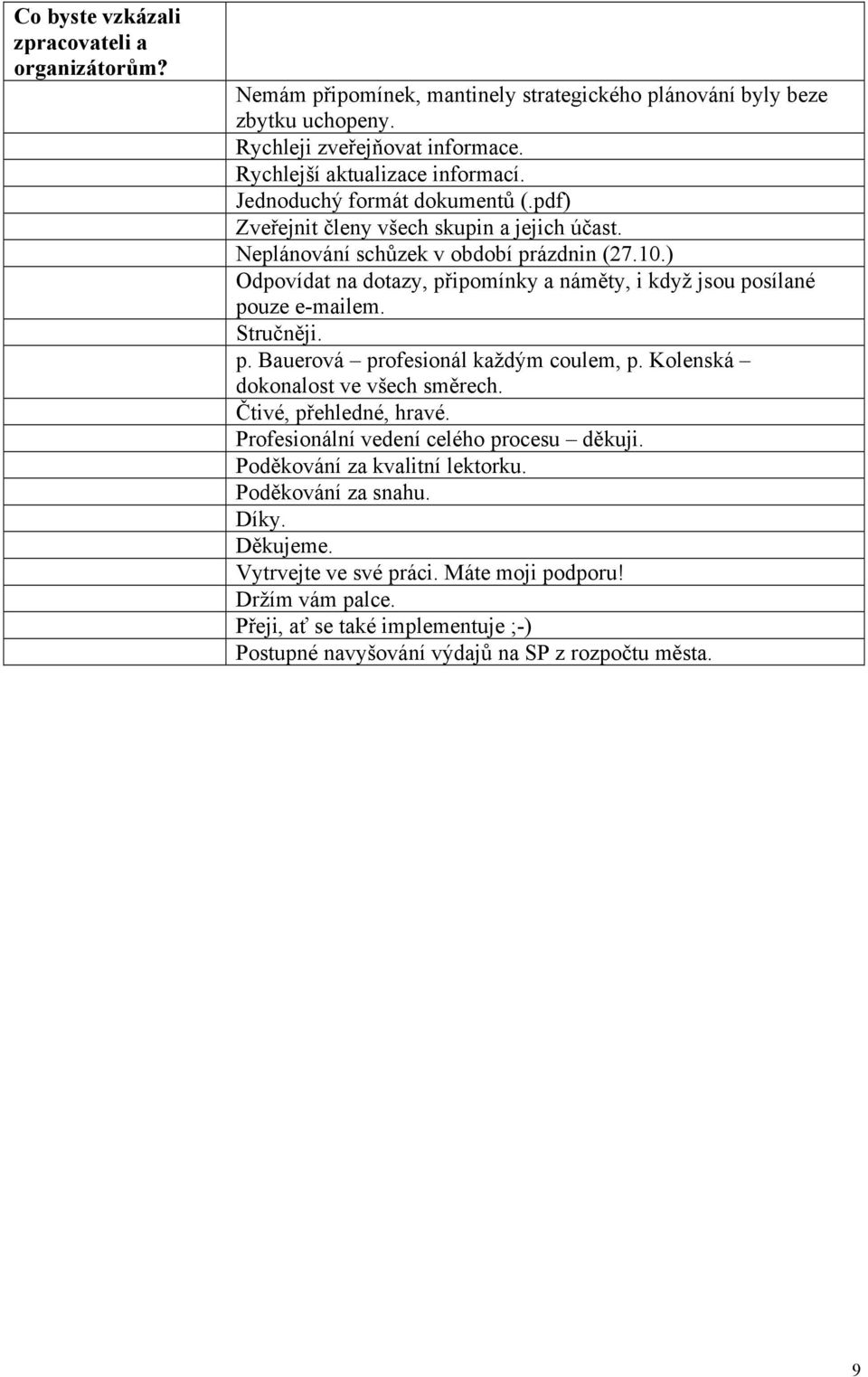 ) Odpovídat na dotazy, připomínky a náměty, i když jsou posílané pouze e-mailem. Stručněji. p. Bauerová profesionál každým coulem, p. Kolenská dokonalost ve všech směrech.