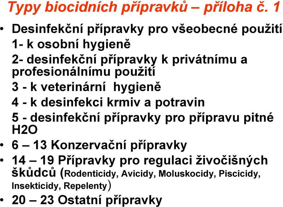 profesionálnímu použití 3 - k veterinární hygieně 4 - k desinfekci krmiv a potravin 5 - desinfekční přípravky