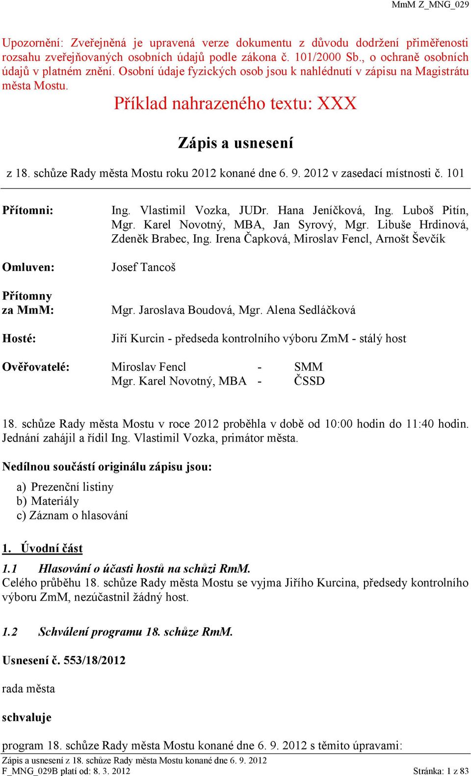 2012 v zasedací místnosti č. 101 Přítomni: Omluven: Přítomny za MmM: Hosté: Ing. Vlastimil Vozka, JUDr. Hana Jeníčková, Ing. Luboš Pitín, Mgr. Karel Novotný, MBA, Jan Syrový, Mgr.