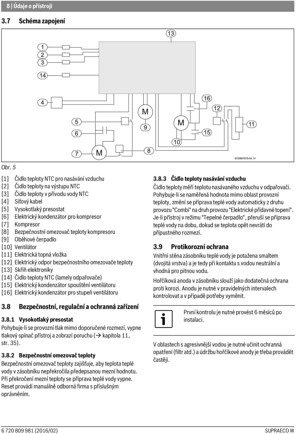 [7] Kompresor [8] Bezpečnostní omezovač teploty kompresoru [9] Oběhové čerpadlo [10] Ventilátor [11] Elektrická topná vložka [12] Elektrický odpor bezpečnostního omezovače teploty [13] Skříň