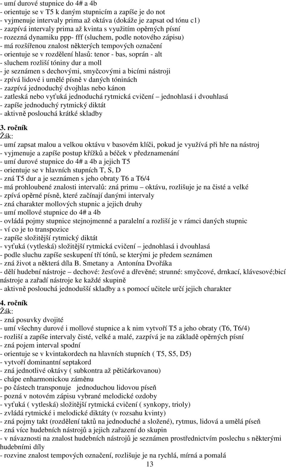 sluchem rozliší tóniny dur a moll - je seznámen s dechovými, smyčcovými a bicími nástroji - zpívá lidové i umělé písně v daných tóninách - zazpívá jednoduchý dvojhlas nebo kánon - zatleská nebo