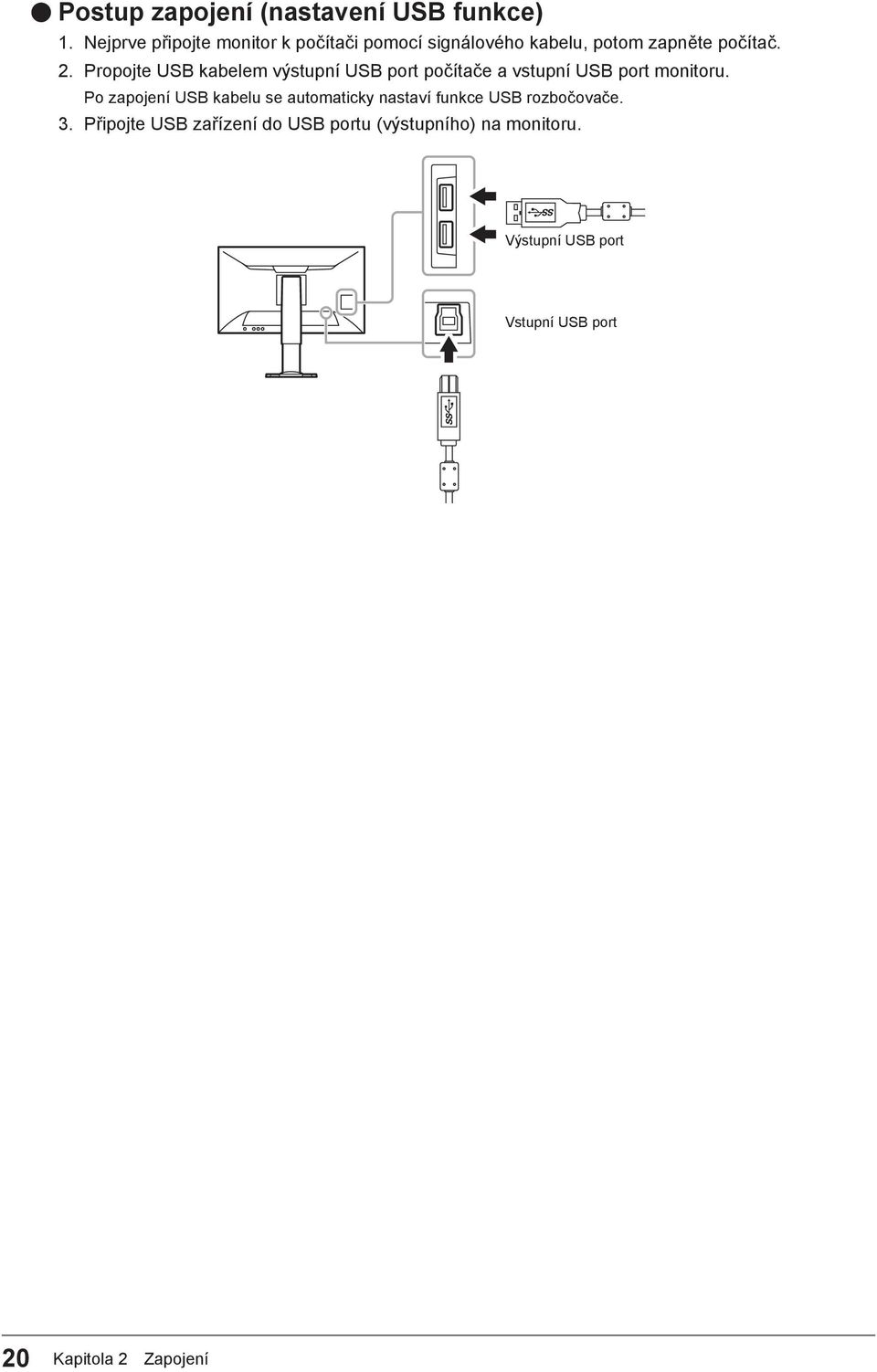 Propojte USB kabelem výstupní USB port počítače a vstupní USB port monitoru.