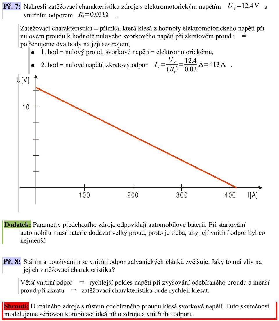 sestrojení, 1. bod = nulový proud, svorkové napětí = elektromotorickému, 2. bod = nulové napětí, zkratový odpor I k = R i = 12,4 0,03 A=413 A.