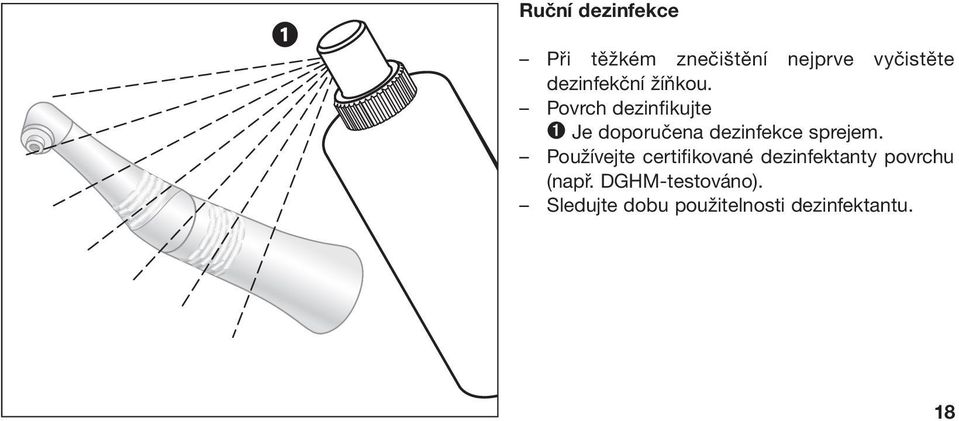 Povrch dezinfikujte ➊ Je doporučena dezinfekce sprejem.