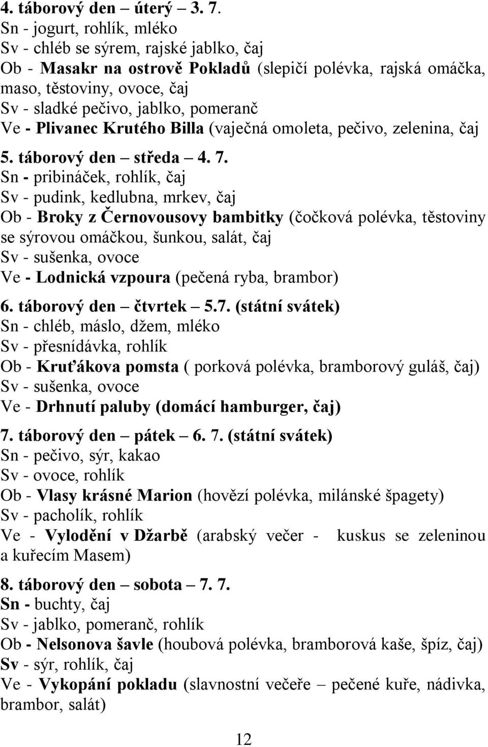 - Plivanec Krutého Billa (vaječná omoleta, pečivo, zelenina, čaj 5. táborový den středa 4. 7.