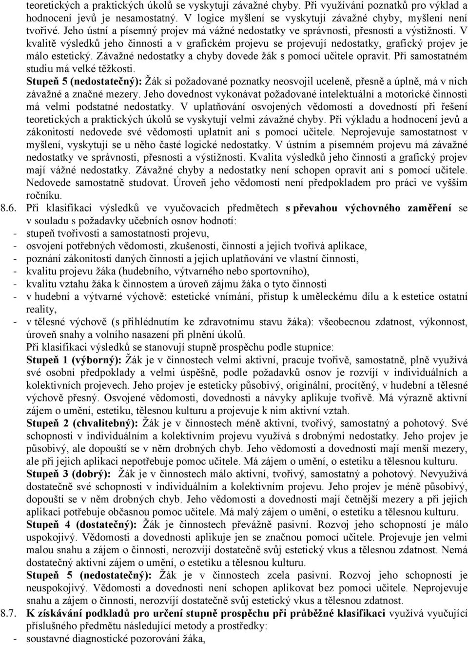 V kvalitě výsledků jeho činnosti a v grafickém projevu se projevují nedostatky, grafický projev je málo estetický. Závažné nedostatky a chyby dovede žák s pomocí učitele opravit.