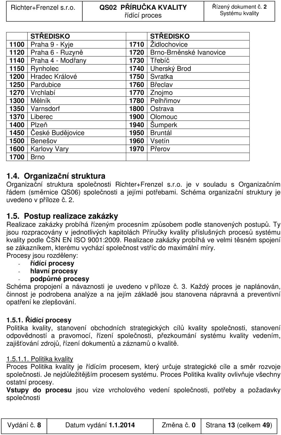 Bruntál 1500 Benešov 1960 Vsetín 1600 Karlovy Vary 1970 Přerov 1700 Brno 1.4. Organizační struktura Organizační struktura společnosti Richter+Frenzel s.r.o. je v souladu s Organizačním řádem (směrnice QS06) společnosti a jejími potřebami.