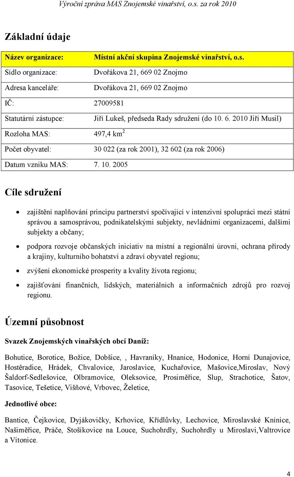 2005 Cíle sdružení zajištění naplňování principu partnerství spočívající v intenzivní spolupráci mezi státní správou a samosprávou, podnikatelskými subjekty, nevládními organizacemi, dalšími subjekty