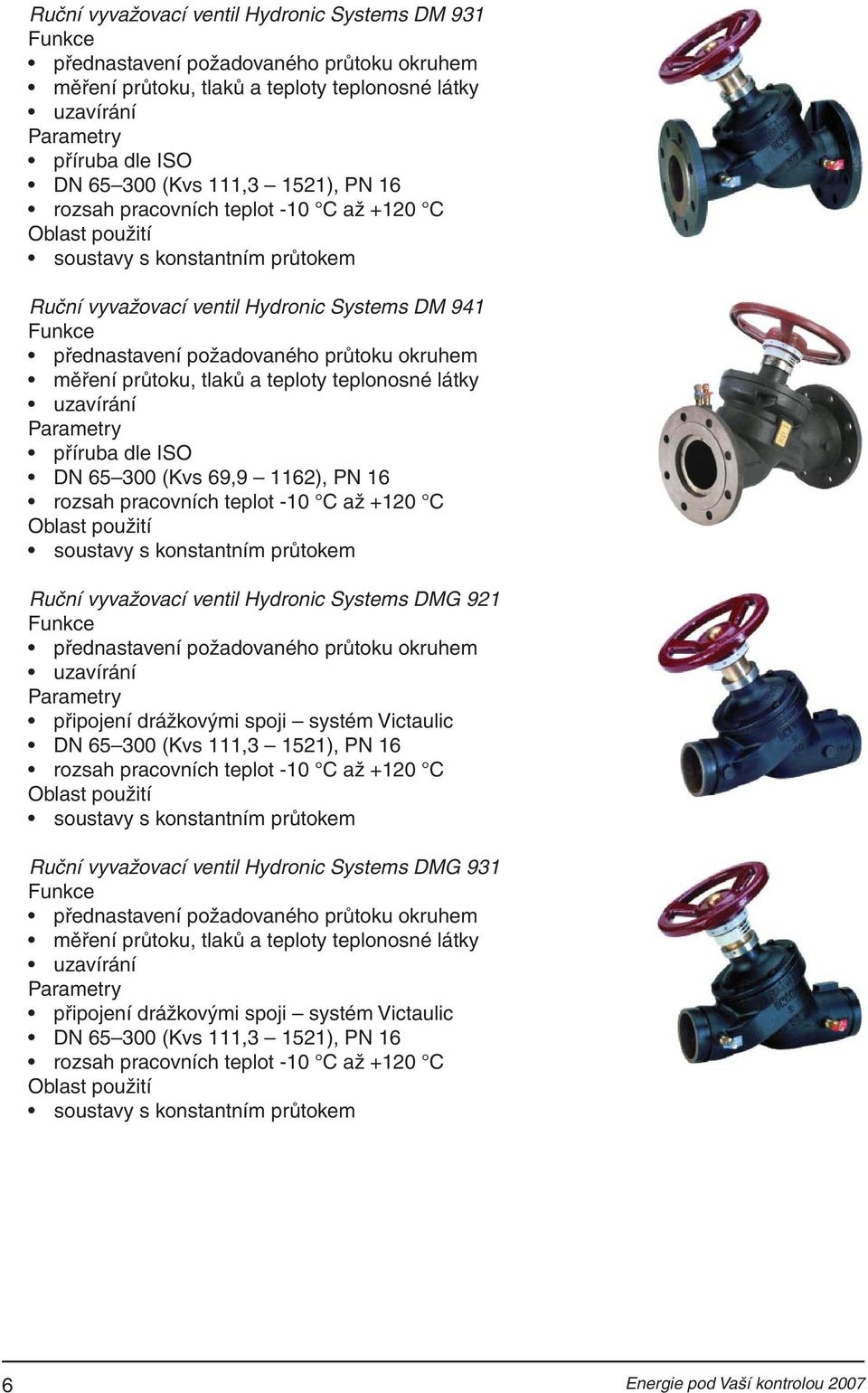 dle ISO DN 65 300 (Kvs 69,9 1162), PN 16 rozsah pracovních teplot -10 C až +120 C Ruční vyvažovací ventil Hydronic Systems DMG 921 přednastavení požadovaného průtoku okruhem uzavírání připojení