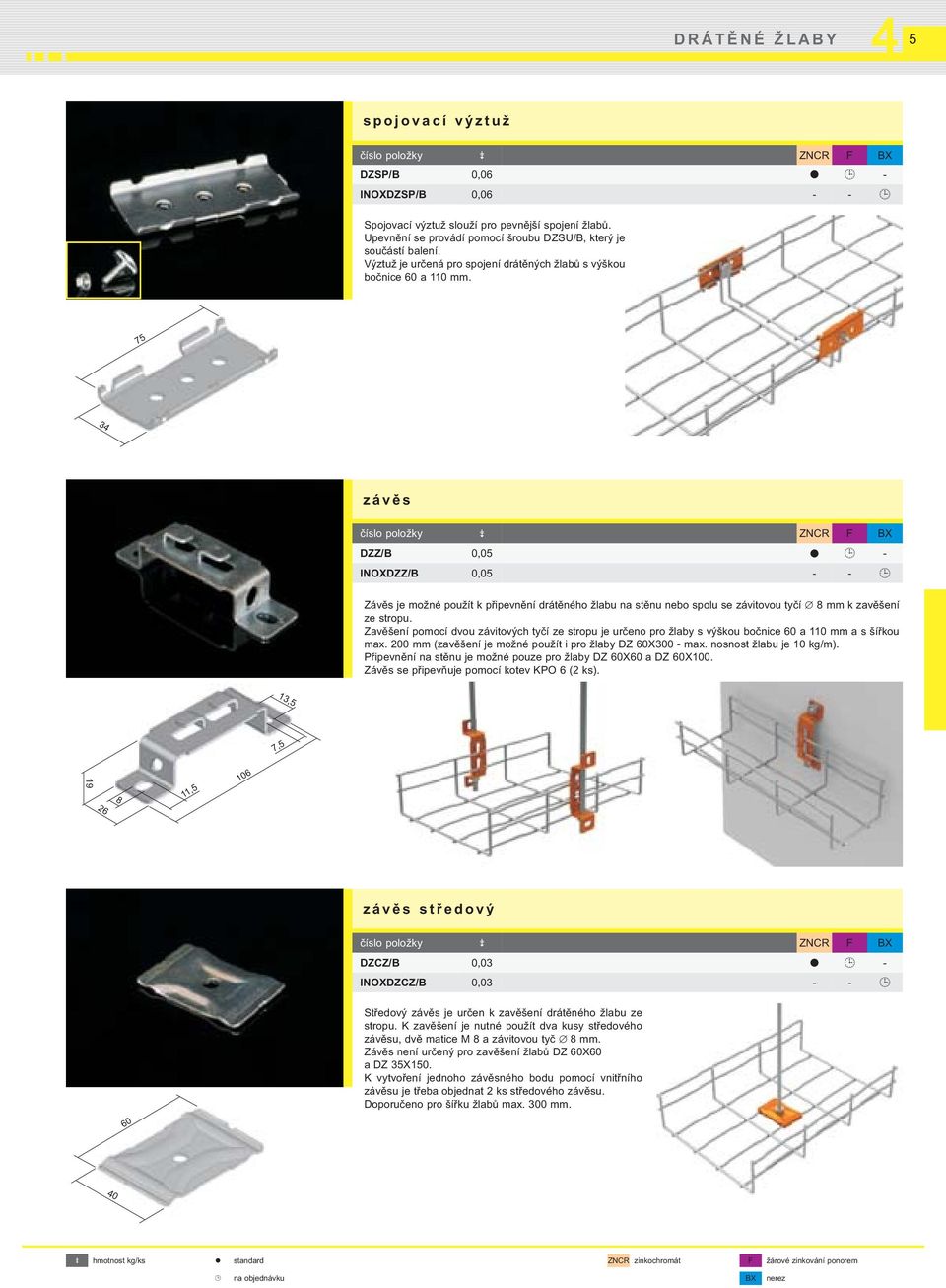 75 3 závěs číslo položky ZNCR F BX DZZ/B 0,05 - INOXDZZ/B 0,05 - - Závěs je možné použít k připevnění drátěného žlabu na stěnu nebo spolu se závitovou tyčí 8 mm k zavěšení ze stropu.