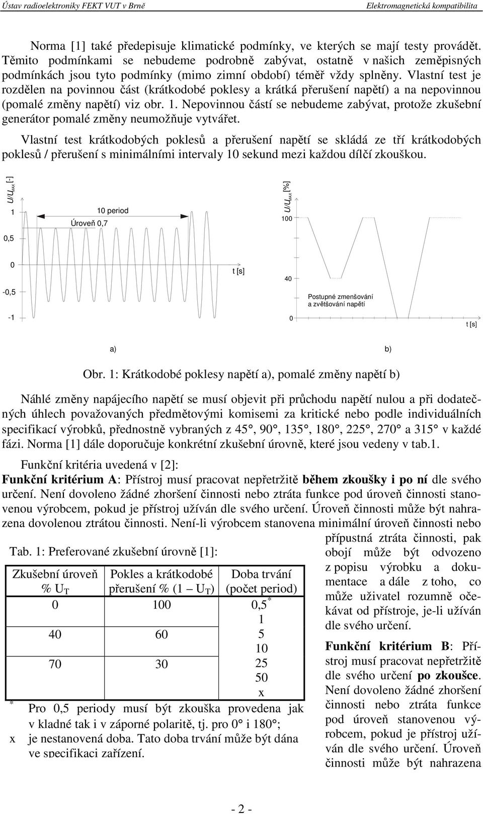 Vlastní test je rozdělen na povinnou část (krátkodobé poklesy a krátká přerušení napětí) a na nepovinnou (pomalé změny napětí) viz obr. 1.