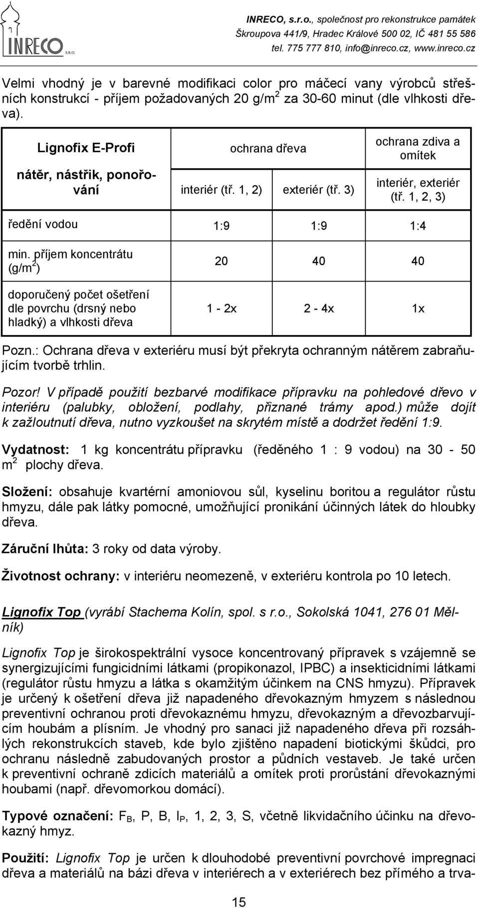 příjem koncentrátu (g/m2) 20 40 40 1-2x 2-4x 1x doporučený počet ošetření dle povrchu (drsný nebo hladký) a vlhkosti dřeva Pozn.