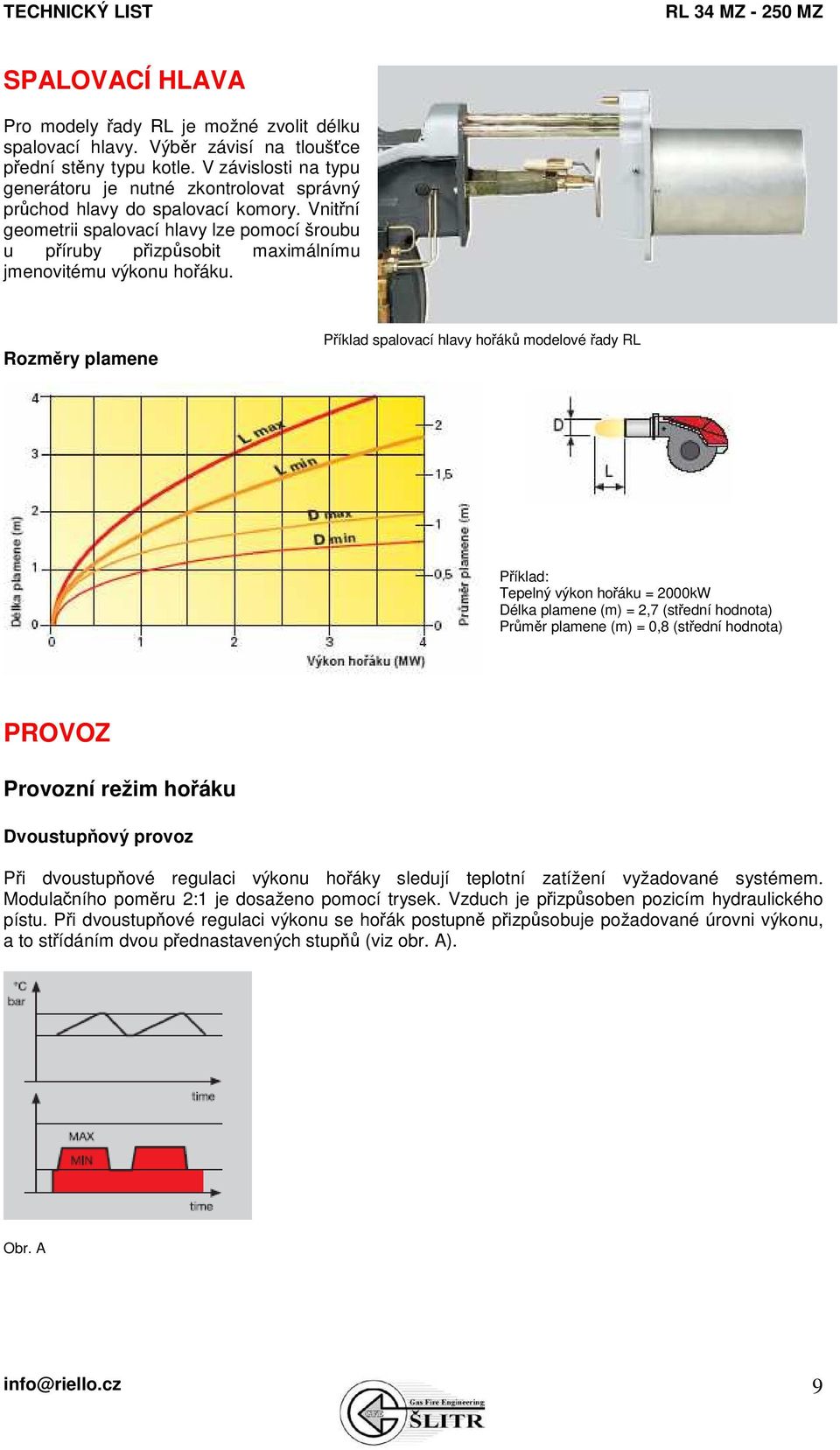 Vnitřní geometrii spalovací hlavy lze pomocí šroubu u příruby přizpůsobit maximálnímu jmenovitému výkonu hořáku.